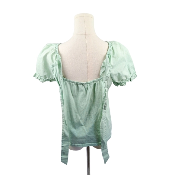 J. Crew Mint Green Puff Sleeve Blouse XS Scoop Neck Open Back Lightweight Cotton - Picture 4 of 6